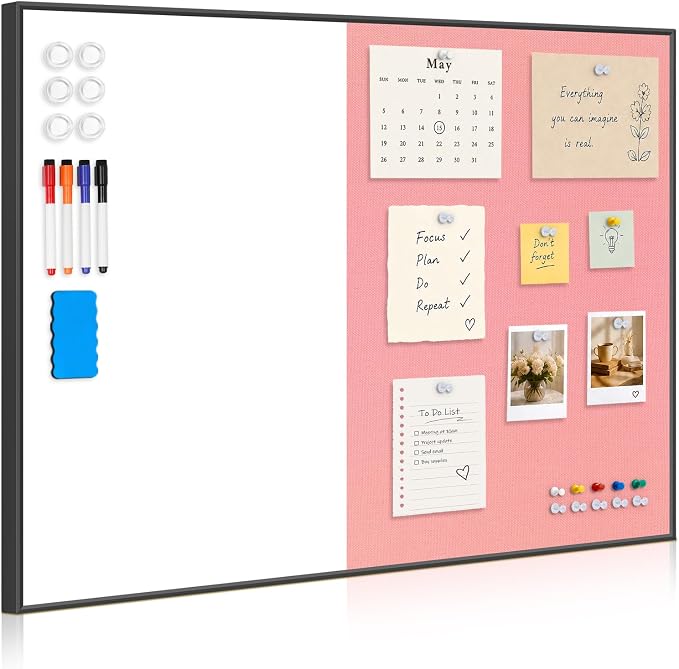Whiteboard Bulletin Board Combo, 36"x24" Dry Erase Linen Cork Board | Magnetic, Black Aluminum Frame, Pink Linen Pin Board, Wall Mount, Vertical & Horizontal, for Home Office Kitchen Dorm