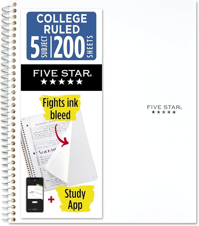 Five Star Spiral Notebook, 5 Subject, College Ruled | 8-1/2" x 11" | 200 Sheets | Water Resistant Cover | White | Pack of 6