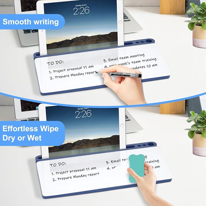 Desktop Glass Whiteboard with Storage, Desk Dry Erase White Board Blue | Computer Keyboard Stand, Office Desk Organizers and Accessories with Drawer, To Do Memo Notepad, Home School Supplies