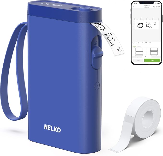 Nelko P21 Label Maker Machine with Tape, Bluetooth Label Printer, Blue | Creative App & Multiple Templates, Inkless Printing, Built-in Cutter, Ideal for School, Teacher Supplies, Office, and Home