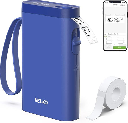 Nelko P21 Label Maker Machine with Tape, Bluetooth Label Printer, Blue | Creative App & Multiple Templates, Inkless Printing, Built-in Cutter, Ideal for School, Teacher Supplies, Office, and Home