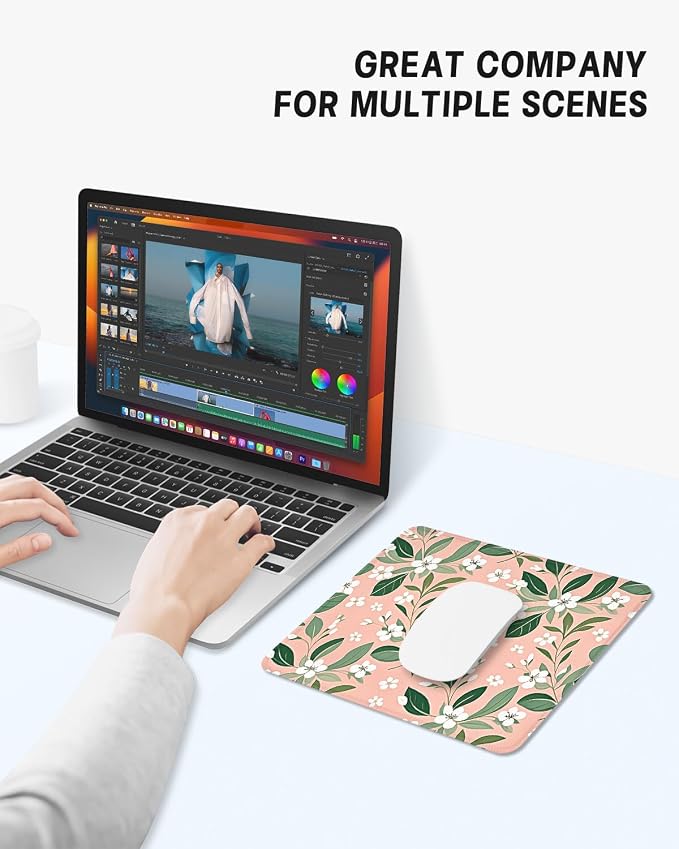 Mouse Pad, Cute Mouse Mat, 10" x 8", Pink Flower | Square Waterproof Gaming Computer Mat, Textured Top, Stitched Edges, Non-Slip Rubber Base for Office Home Laptop Keyboard