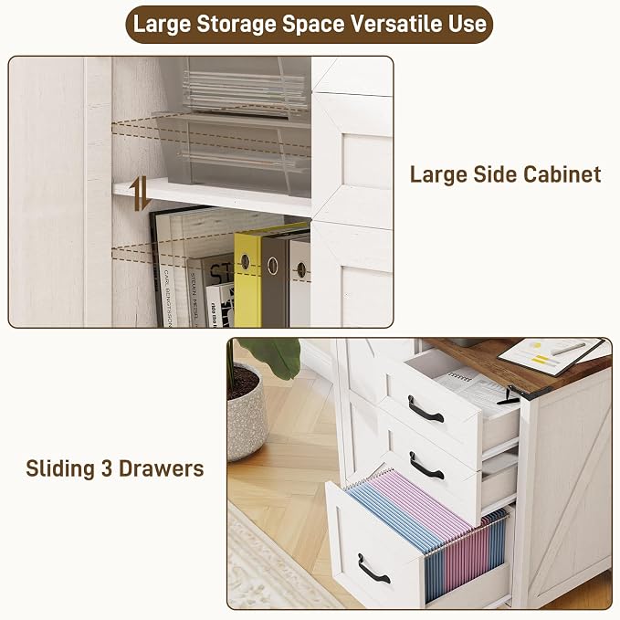 Befrases Farmhouse Lateral Filing Cabinet, Lateral File Cabinet with 3 Drawers and Storage Cabinet, Wooden Printer Stand with File Drawer for Letter/A4 Size Hanging File for Home Office, Rustic White