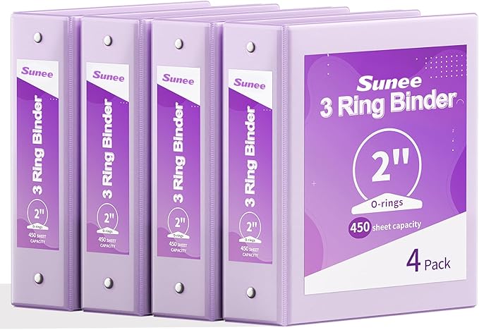 SUNEE 3 Ring Binders 2 Inch 4 Pack, Clear View Binder Three Ring PVC-Free (Fit 8.5x11 Inches) for School or Office Supplies, Purple