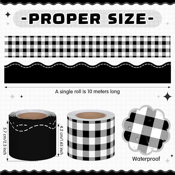 2 Rolls 65.6ft Black Gingham Bulletin Board Borders Decoration Black Checkered and Straight Edge Bulletin Borders Board Trim for Office School Classroom Chalkboard Party Decoration