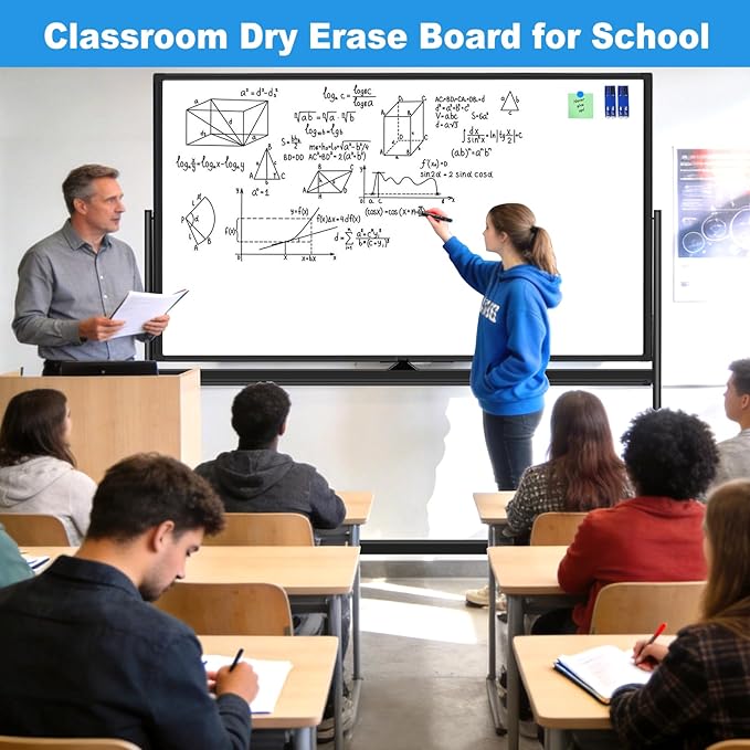 Double-Sided 5' x 3' Dry Erase Board with Stand, 60"x40" Large Magnetic Standing Easel Whiteboard Rolling Whiteboard on Wheels, with 2 Eraser, 6 Markers, 20 Magnets