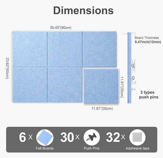 0.47”Thick Felt Bulletin Board Wall Tiles Pin Board 36x24 (L-Blue) | 6Pack 11.81”x11.81”x0.47”Felt Cork Board Tack Board with Safe Removable Adhesive Tabs and Pushpin for Home Office School