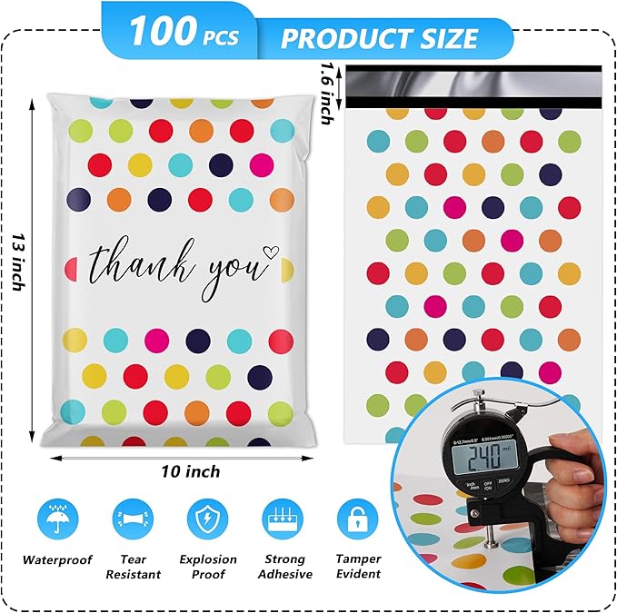 Thank You Poly Mailer 10x13 Inch 100 Pcs, Waterproof and Tear-Resistant Shipping Bags for Clothing, Cute Mailing Bags with Self-Seal, Polka Dots Printed Packaging Bags for Small Business