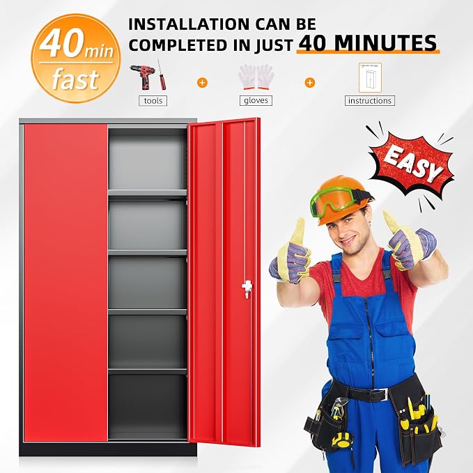 Metal Storage Cabinet with Doors, 72" Locking Steel Storage Cabinet with Shelves, Tall Metal Cabinet Lockable Steel Cabinets for Home Office, Garage,(Black+Red)