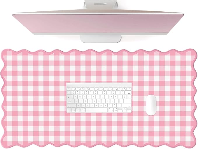 Scalloped‌ Pink Checkered Gingham Desk Mat Cute Pastel Large Mouse Pad Kawaii Cottagecore ‌Vintage‌ Girly Laptop Keyboard Computer Mat Pad Aesthetic Cozy Office Desk Decor for Women