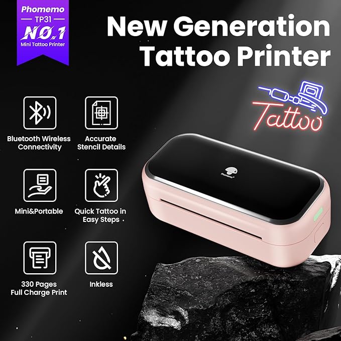 Phomemo TP31 Tattoo Stencil Printer, Mini Temporary Tattoo Maker with 30pcs Transfer Paper,Bluetooth Tattoo Machines Printers for Tattoo Beginners & Artists,DlY,Parties,Gifts,Pink