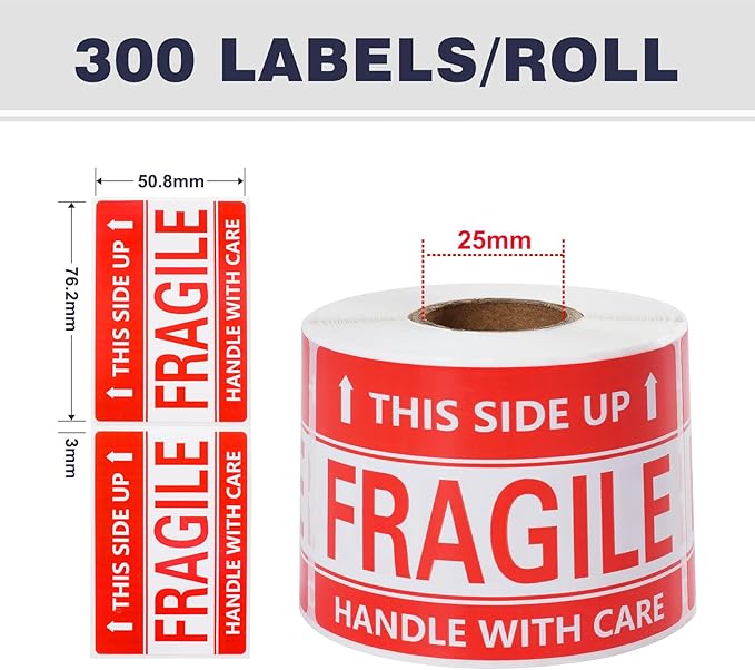 3 x 2 Inch Handle with Care This Side Up 300 Permanent Adhesive Fragile Stickers for Shipping Moving Glass Labels (1 Roll, 300 Labels)