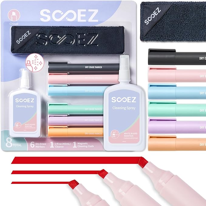 Sooez 8 in 1 Dry Erase Markers Set, Includes 6 count Vibrant Color Dry Erase Markers with Chisel Tip, Cleaner Spray and Cleaning Cloth, Intended for Teens & Adults, Not Intended for Children