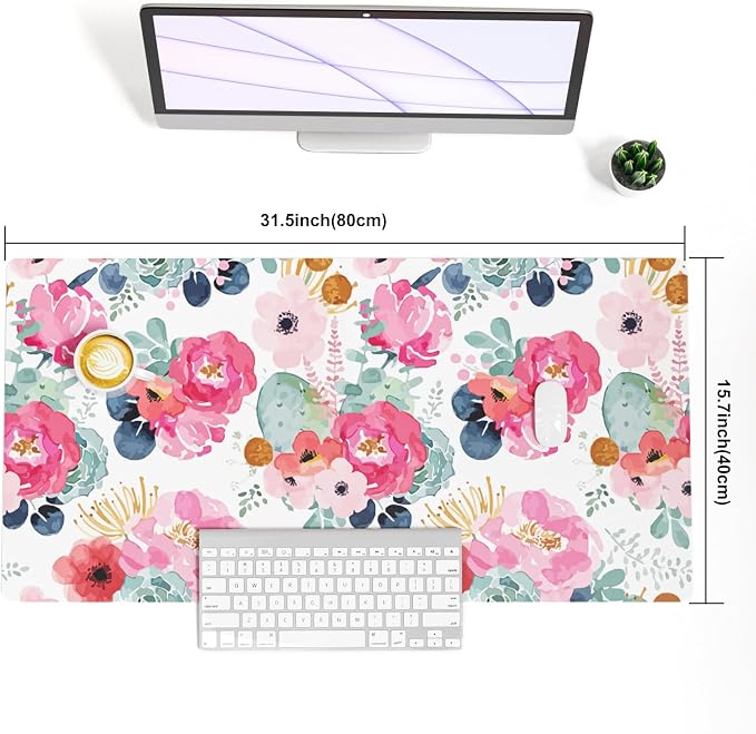 QIYI PU Leather Large Mouse Pad, Waterproof Desk Mat, 31.5" x 15.7", Peony | Extended Size Gaming Mousepad, Faux Leather Desk Pad, Desktop Writing Pads for School Office Home, Pink Flowers