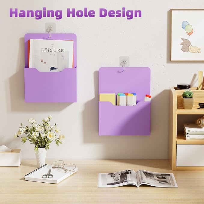 Marbrasse 2 Pack Magnetic File Holder - Paper Holder, Pocket Organizer,Hanging Wall File Organizer Office Supplies Storage, Magazine Mail Organizer Case for Notebooks,Planners,Letter (Purple)