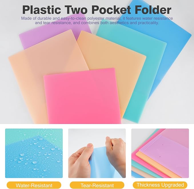 Zzrywuty Plastic Folders with Pockets,6 Pack Colored File Folders with Pockets and Business Card Holder,Pastels Colors,2-Pocket Folder for Schoolwork & Office,Letter Siz