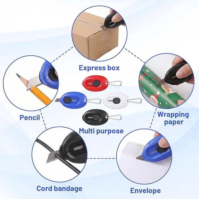 4 PCS Mini Box Cutter, Retractable Box Cutter Small Utility Knife Blade Safe & Portable Letter Opener with Keychain Hole for Envelopes Package Paper Cutting for Home Office Outdoor
