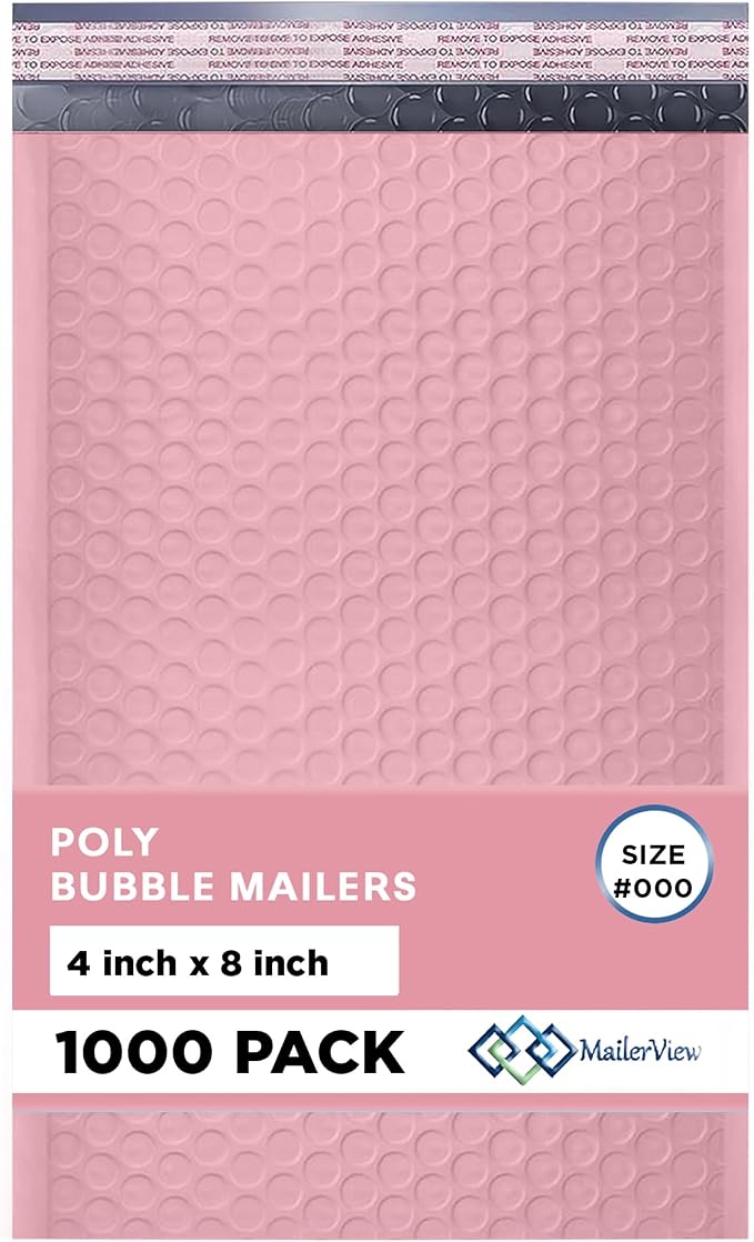 Light Pink Bubble Mailers 4x8, Poly Padded Envelopes #000, 1000 Pack | Fits Trading & Sports Cards, Self-Seal Closure, Cushioned Protection, Water-Resistant Poly, Bulk Pack