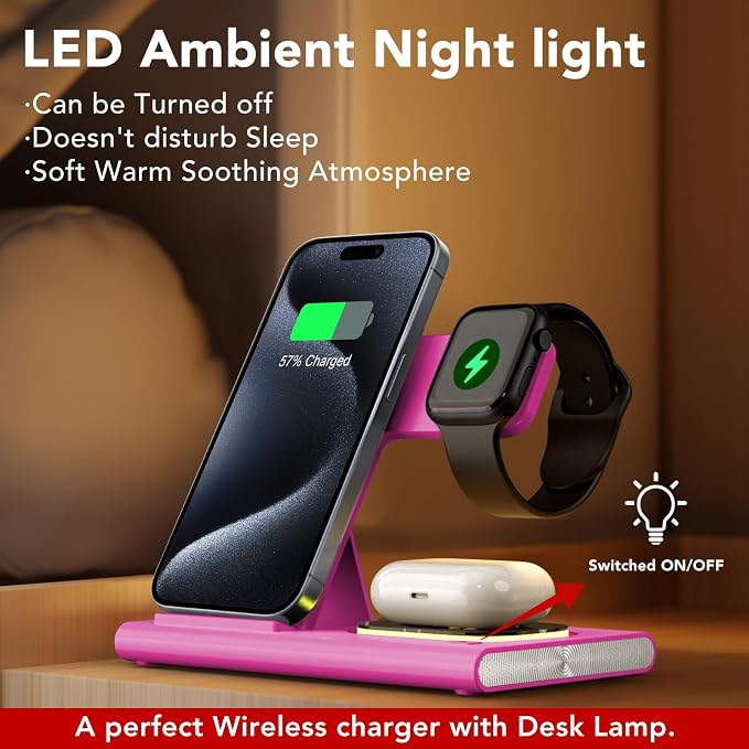 3 in 1 Foldable Wireless Fast Charging Station for Apple Multiple Devices | iPhone Charging Station for iPhone 17, Travel iWatch Charger Stand, Light Nightstand Charging Dock for Apple Watch/Airpods