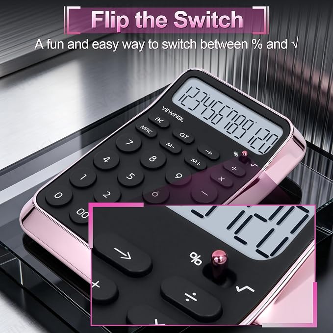 VEWINGL Desktop Calculator, 12 Digit HD Display with% Key | Metallic Vacuum-Plated Surface, Great for Office, School, or Home (Pink Chrome, Non-Voice)