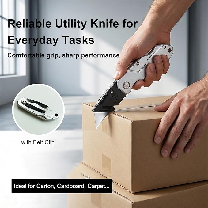 (2-Pack) Heavy Duty Folding Utility Knife with 10 Extra Blades, Box Cutter with Belt Clip for Cardboard, Carton, Carpet Cutting, Aluminum Alloy Anti-slip Handle, Quick Replace Blade