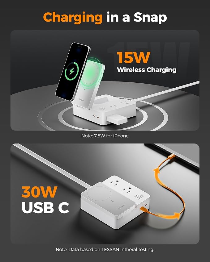TESSAN 30W Charging Station USB Phone Charger with Wireless Charging | 2 USB C/1 USB A and 2 AC Outlet,for iPhone 17/16/15 Charging Stand, for Apple Watch Charging, Flat Plug, 5ft Cord, White