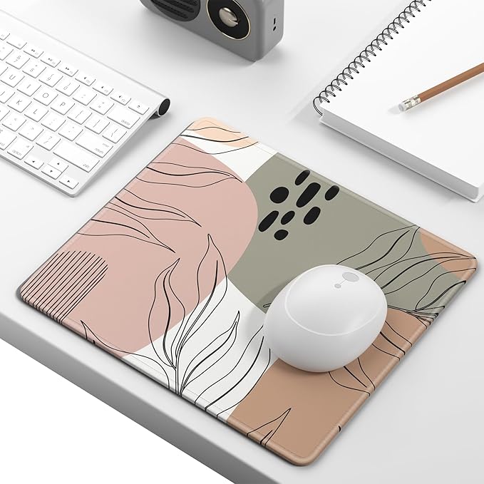 Mouse Pad, Minimalism Marble Style Computer Pad, Anti-Slip Rubber Mouse Mat with Stitched Edges for Gaming, Office, Laptop, PC, Women, 9" x 8" Thick 3 mm, Art Leaves