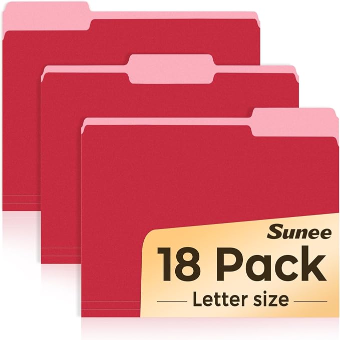 SUNEE File Folders, 18 Pack Manilla Folders 8.5 x 11, Colored File Folders Home Office School Supplies for Documents Files Paper, Red