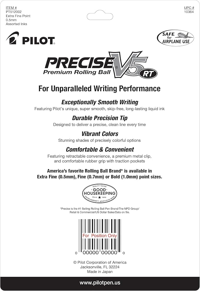 PILOT Precise V5 RT Rolling Ball Pens, 0.5 mm, Assorted, Pack of 12