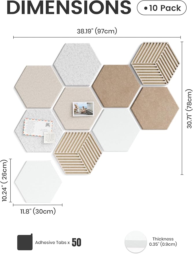 Fluxynara 10-Pack Hexagon Cork Board Alternative, Stone Beige | Felt Bulletin Board with 50 Adhesive Tabs, Ideal for Vision Boards and Wall Decor in Homes, Offices, Classrooms, and Dorms