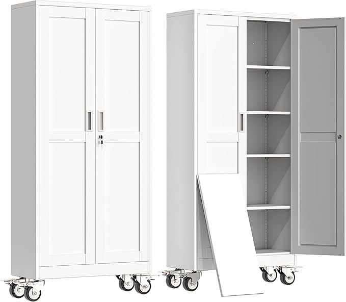 erosoei 71" H Metal Garage Storage Cabinet, Rolling Tool Cabinet with 2 Doors and Wheels, Locker Steel Cabinet with 4 Adjustable Shelves, Organization Cabinet for Garage,Office,Home,Gym,School（White）