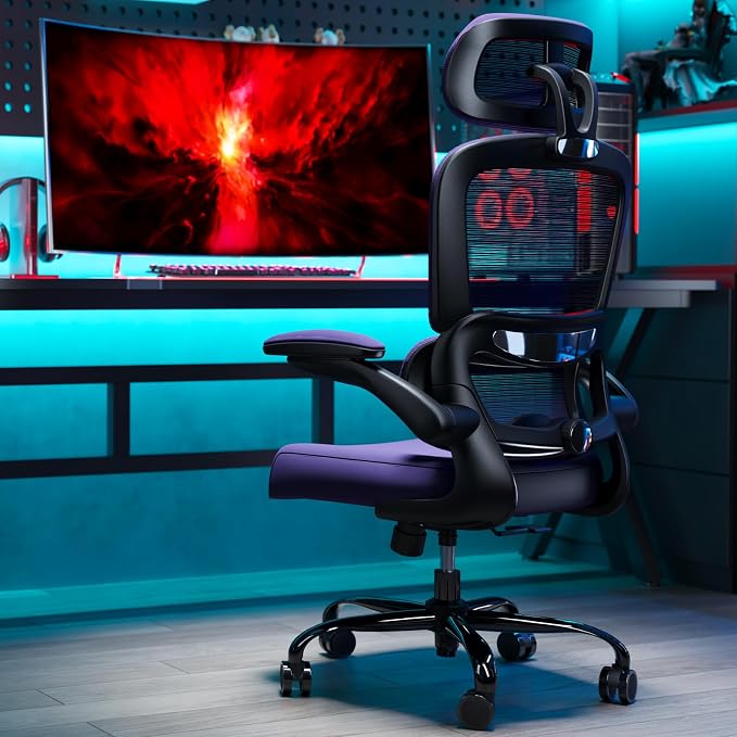 TRALT Office Chair Ergonomic Desk Chair - Gaming Chair with Lumbar Support | 330 LBS Home Office Desk Chairs with Headrest, Reading Chair with Flip-up Armrests, Comfortable Computer Chairs (1, Violet)