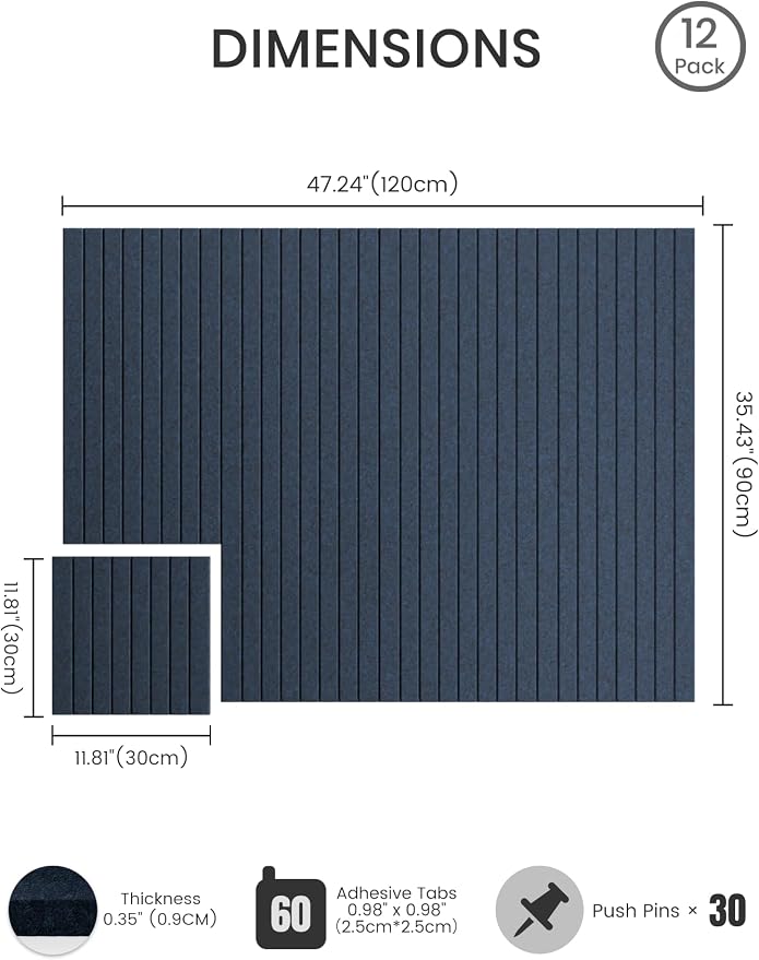Bumusty 48"x 36" Large Felt Bulletin Board Tiles, Carbon Blue | 12-Pack Cork Board Alternative, Wall Decor, 30 Pushpins, 60 Adhesive Tabs, Vision Board, Office, Classroom, Home, Dorm