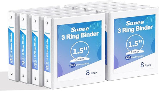 SUNEE 1.5 Inch Binders 3 Ring 8 Pack Bulk, PVC-Free Clear View 1 1/2 Inch Binders (Fits 8.5x11 Inches) for School, Office & Home Use, White
