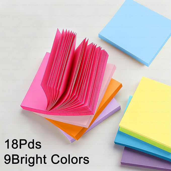 Sticky Notes 3x3 Inches, 9 Color,18 Pads/Pack,1008 Sheets, Self-Stick Note Pads, 56Sheets/pad Notebook,Use for School,Home, Office, Notebook (Bright Color)
