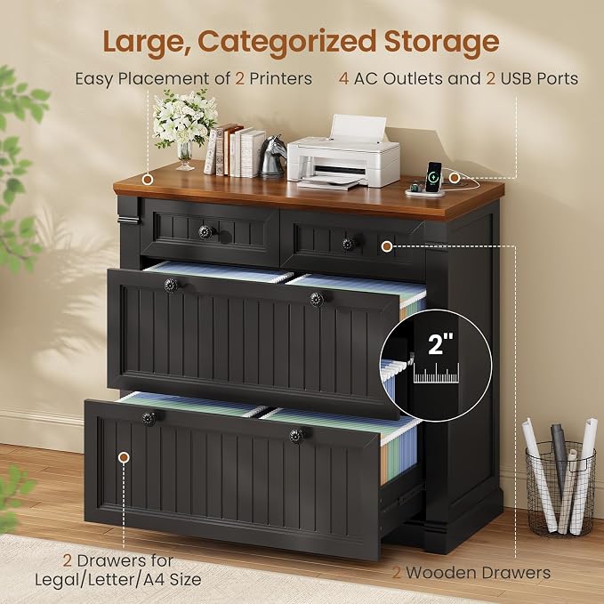 SEDETA 4 Drawers File Cabinet, 33" Farmhouse Filing Cabinets for Home Office fit Legal/Letter/A4 File, Wood Office File Cabinet with Power Outlets, Printer Stand with Storage, Black+Brown