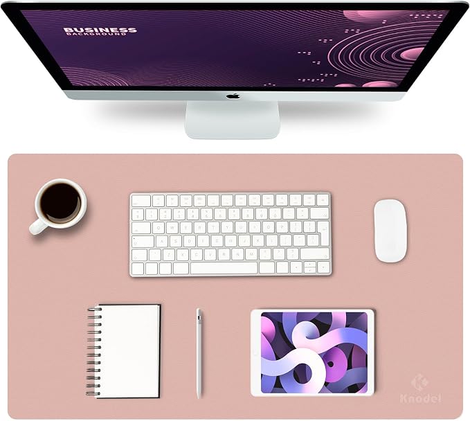 K KNODEL Small Office Desk Mat, Leather Mouse Pad (23.6"x13.8", Pink) | Desk Pad, Keyboard Pad, Computer and Laptop Mat, Desktop Protector and Cover, Writing Pad and Blotter for Home Office