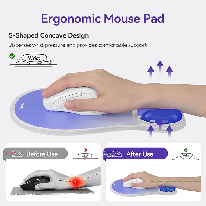 TECKNET Gel Mousepad, Ergonomic Mouse Pad with Gel Wrist Support for Relieve Wrist Pain Comfortably - Non-Slip Base & Waterproof Surface for Office, Gaming, and Study Comfort - Light Blue