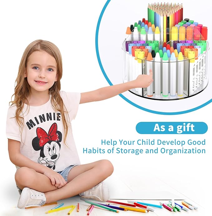 360 Degree Acrylic Desk Organizer Clear Pen Holder for Desk Kids 2 Packs | Pencil Holder Rotating Lazy Susan Organizer for School Supplies, Marker Holder Art Supply Storage Organizer with 6 Dividers