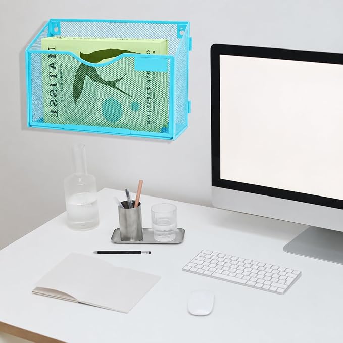 1 Pocket Mesh Wall File Holder Organizer Office Hanging File Folder Magazine Rack, Nametag Label Hooks Set Included (Blue)