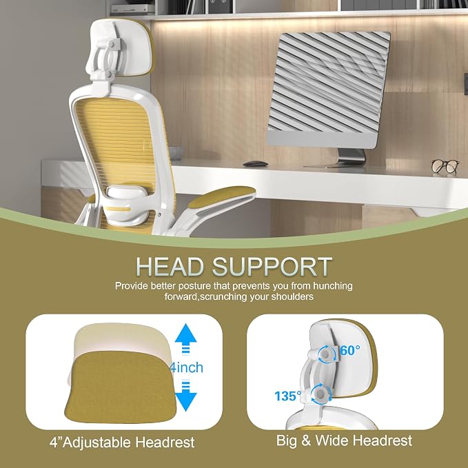 Mimoglad Office Chair, High Back Ergonomic Desk Chair with Adjustable Lumbar Support and Headrest, with flip-up Armrests for Guitar Playing, 5 Years Warranty (Modern, Golden Light)