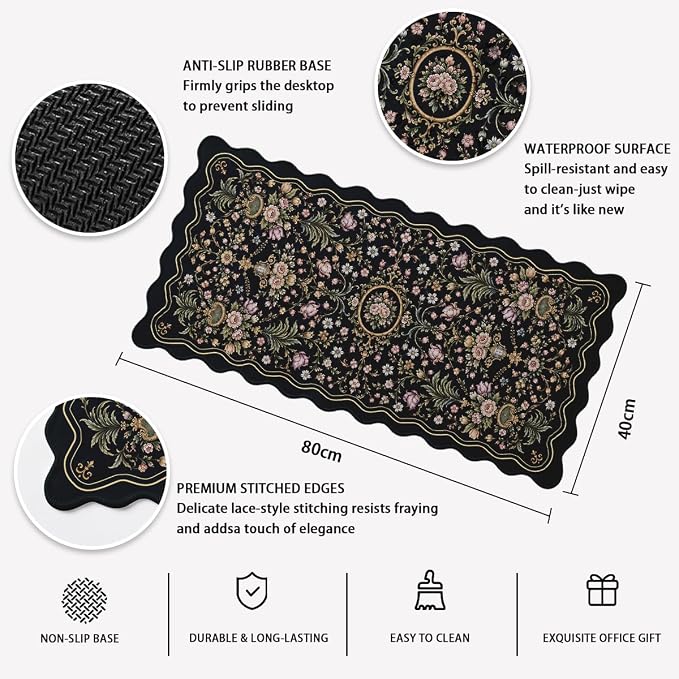 Vintage Floral Scalloped Mouse Pad Navy Blush Botanical Flowers Large Gaming with Stitched Edges,Non-Slip Waterproof Rubber Base Mous Mat Office Computer Keyboard Laptop Home 31.5"x15.7"