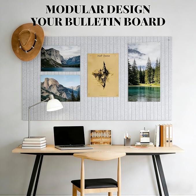 Large Felt Bulletin Board Cork Board Alternative with Safe Removable Adhesive Tabs, Wall Bulletin Board for Home Office Classroom Pin Board (Slivery Gray, Fine-Stripe 12-Pack)