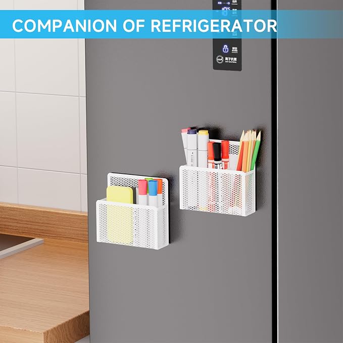 Marbrasse Magnetic Dry Erase Marker Holder, Mesh Pen Holder for Whiteboard，Magnet Pencil Organizer Storage for Refrigerator Locker Accessories Organizer for Home, School and Office(White)