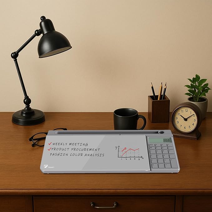 TOWON Glass Desk Whiteboard with Calculator 18x6 in, Desk Organizer, Gray | Desktop whiteboard with 12-digit LCD calculator. Storage for office, home, school. Glass dry erase with accessories.