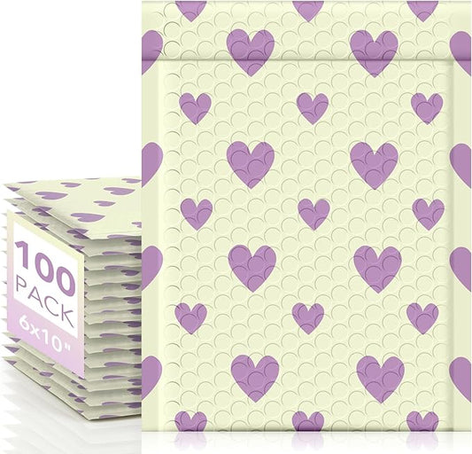 Fuxury Bubble Mailers 6x10" Padded Envelopes 100 Pack Usable Size 6x9"Bubble Envelopes Self Seal Small Padded Mailers for Small Business Shipping Bag, Gifts, Jewelry, Makeup,Purple Heart In Beige #0