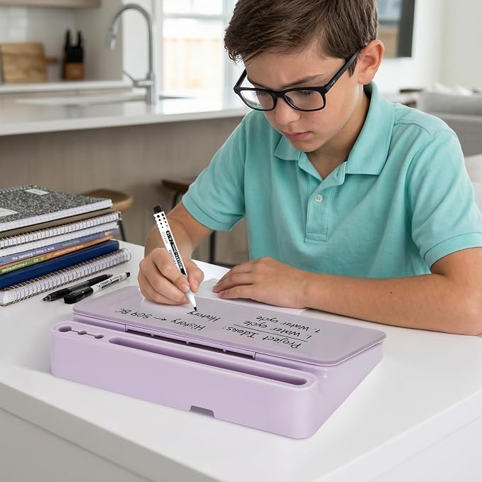 DOLLAR BOSS 12"x7" Small Glass Desktop Whiteboard, Purple | Dry Erase Board with Storage Drawer, Computer Keyboard Stand, Desk Organizer, Office Accessories, School Supplies