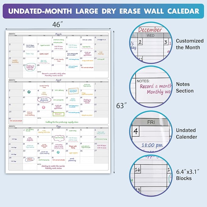 Large Calendar whiteboard for wall, Dry Erase 3 Month Calendar 46 x 63In | Big Quarterly Erasable Three Monthly White Board, Huge 90 Day Multi Months Calendars, Jumbo Laminated Planner For Office