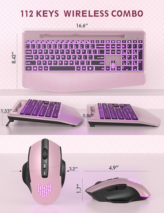 Wireless Keyboard and Mouse Combo, Backlit Scissor Keys, Wrist Rest | 7-Color Backlight, Phone Holder, Rechargeable, LED Mouse, Ergonomic Support, Quiet Typing, Win/Mac/ChromeOS, KM22 Ultra+