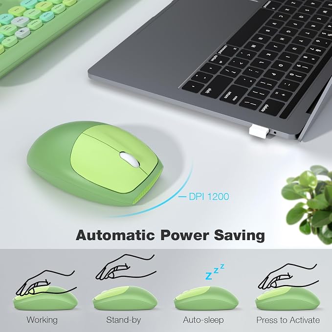 MOFII Wireless Keyboard and Mouse Combo, Colorful Full Size Keyboard with Number Pad, Silent Cute Wireless Mouse, 2.4GHz Dropout-Free Connection, for PC Laptop Computer (Green Color)